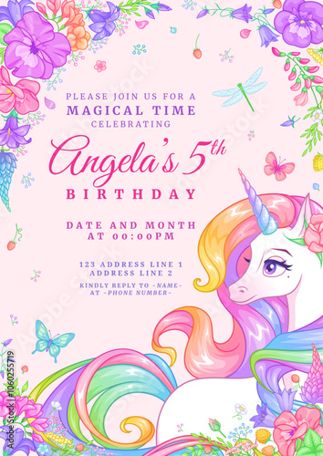 Birthday party invitation template with a unicorn, flowers and butterflies. Vector illustration on pink background.
