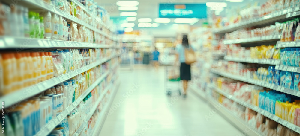 Blurred background of a grocery store with shelves full of products and people shopping in the foreground Blurred background of a grocery store with shelves full of products and people shopping in the foreground