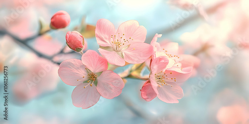 Delicate Pink Blossoms Gracefully Blooming on a Branch Against a Soft Blue and Pink Background