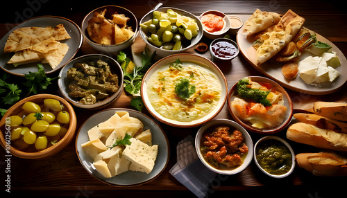 Highlight the communal dining experience of a traditional Greek mezze.