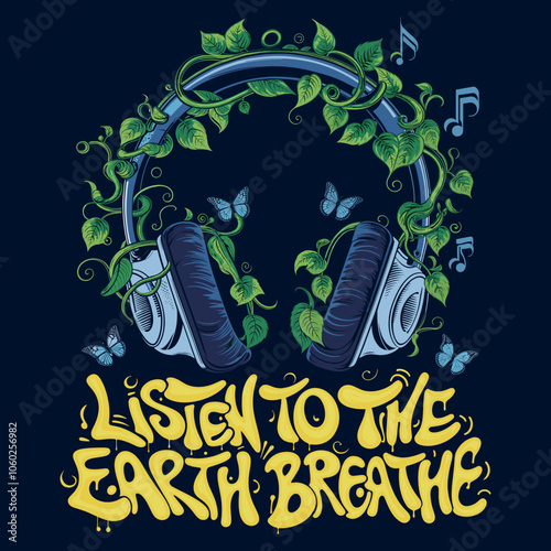 T-Shirt Print Design - Headphones with Nature Elements - Listen to the Earth Breathe