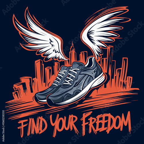 Winged Running Shoe Illustration - Find Your Freedom - T-Shirt Print Design