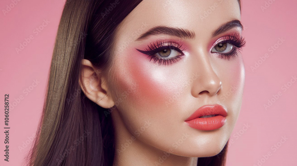 Fototapeta premium A captivating close-up portrait of a beautiful young woman with makeup
