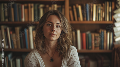 Thoughtful young adult woman sitting in front of a bookshelf in a cozy library