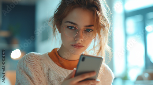 Focused young woman wearing glasses using a smartphone in a modern indoor setting Free Download Focused young woman wearing glasses using a smartphone in a modern indoor setting - GFXLoad