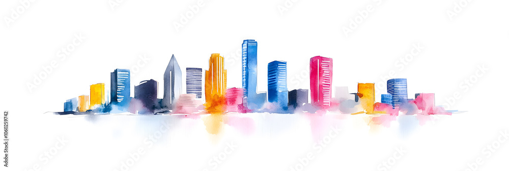 Watercolor Illustration banner of City Skyline isolated on white background Watercolor Illustration banner of City Skyline isolated on white background