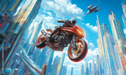 Motorcyclist leaps over futuristic cityscape. photo