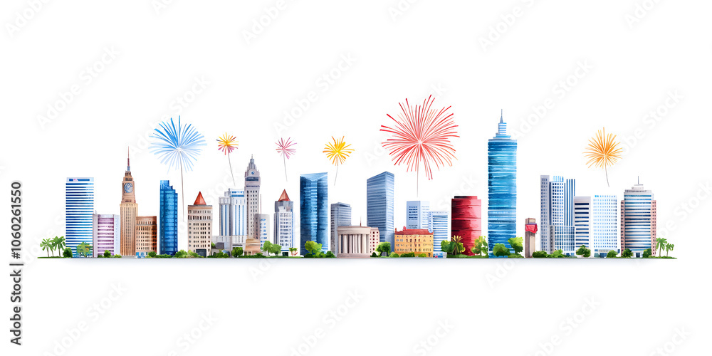 City Skyline With Fireworks at Night banner isolated on white background City Skyline With Fireworks at Night banner isolated on white background