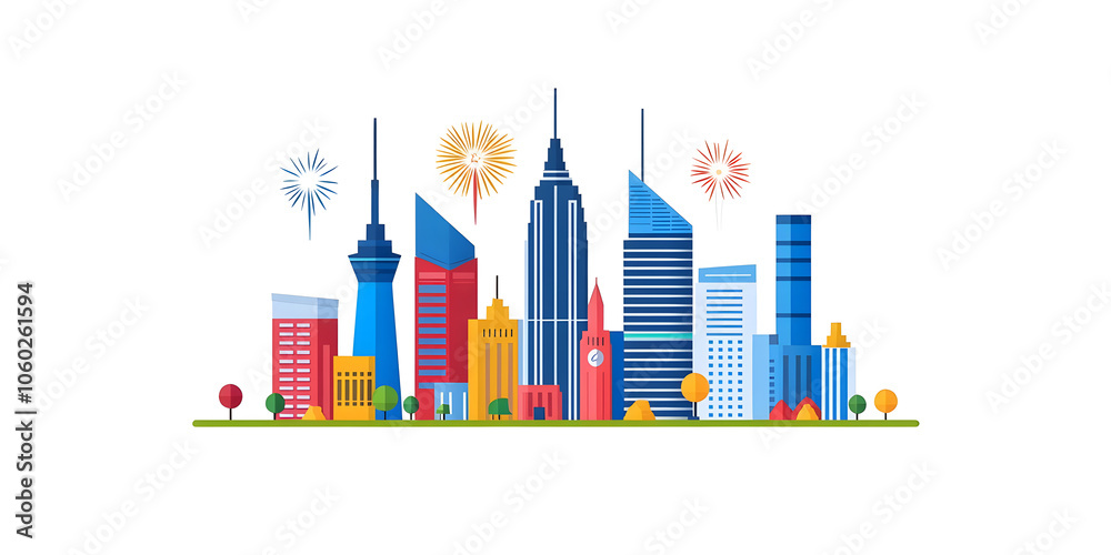 City Skyline With Fireworks at Night banner isolated on white background City Skyline With Fireworks at Night banner isolated on white background