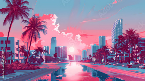 Miami Summer Vibes retro illustration. Vintage pink and blue colors, buildings, California palms, 80s style