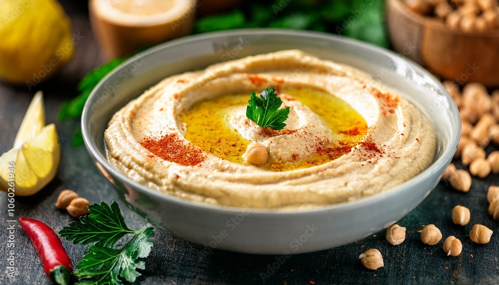 Hummus is a creamy chickpea dip mixed with sesame paste (tahini), garlic, lemon juice and olive oil Hummus is a creamy chickpea dip mixed with sesame paste (tahini), garlic, lemon juice and olive oil