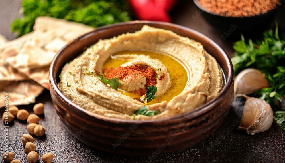 Hummus is a creamy chickpea dip mixed with sesame paste (tahini), garlic, lemon juice and olive oil Hummus is a creamy chickpea dip mixed with sesame paste (tahini), garlic, lemon juice and olive oil