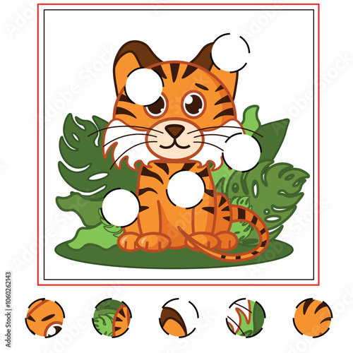 Child Game. Collect a picture. Education game for children. Cute tiger sitting.