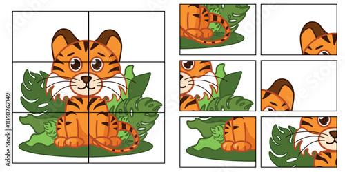 Child Game. Collect a picture. Puzzle education game for children. Cute tiger sitting.