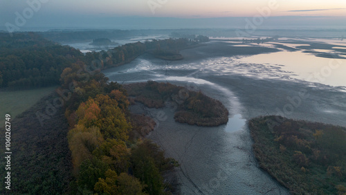 Milickie Ponds at sunrise, bird's eye view, Lower Silesian Voivodeship, Poland photo