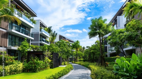 A serene pathway winds through lush greenery and modern apartments under a bright blue sky, offering a tranquil living environment.