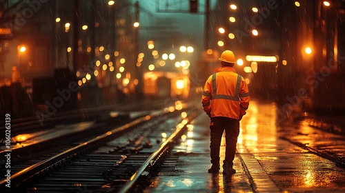 Vibrant Construction Worker on Railway Track: Perfect Poster for Industrial Decor and Sports Interiors, Capturing the Dynamic Energy of a Bustling Urban Landscape photo