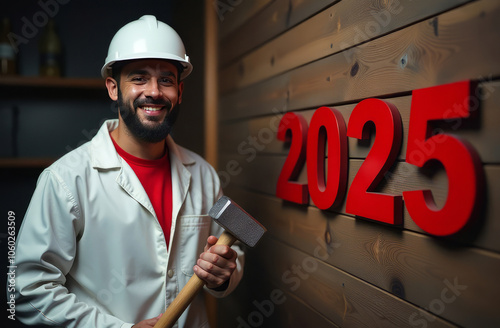 Worker in white work suit and helmet with hammer in hand against wooden wall with numbers 2025