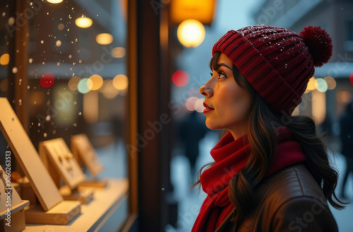 Woman in red knitted hat with pompom and red scarf looking at shop window. New Year's atmosphere