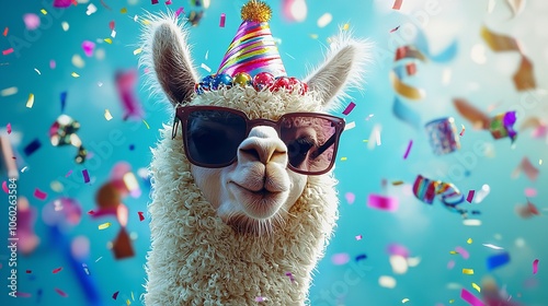 Happy Birthday, carnival, New Year's eve, sylvester or other festive celebration, funny animal Alpaca with party hat and sunglasses on blue background with confetti