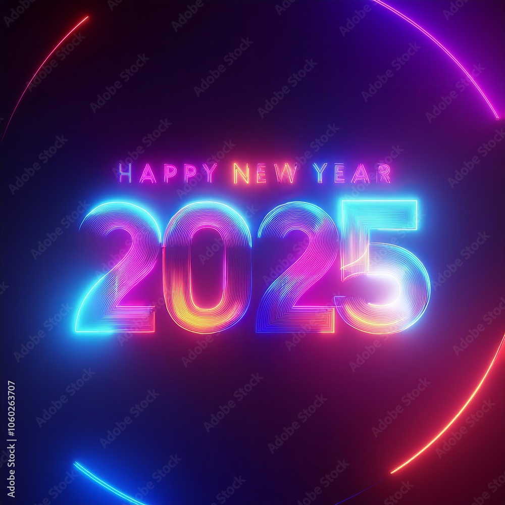 Happy new year 2025 greeting with neon lights and circles Happy new year 2025 greeting with neon lights and circles