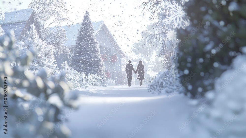 Naklejka premium Romantic Winter Stroll in Festive Village - Couple Holding Hands in Snowy Scene with Charming Decorations and Soft Snowflakes Falling