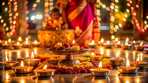 Family celebrating Diwali with joyful expressions during a puja ceremony in a decorated home photo