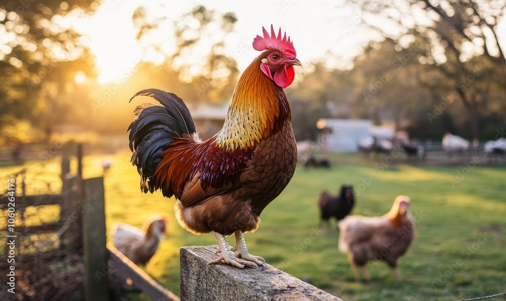 Fototapeta premium Rooster stands on fence, chickens in background.