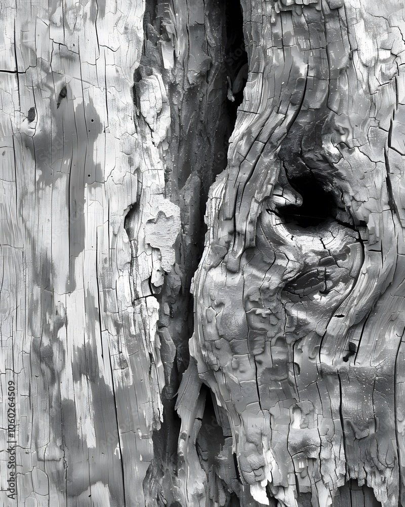 A close-up of textured, weathered wood with a prominent knot and crack. A close-up of textured, weathered wood with a prominent knot and crack.