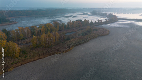 Milickie Ponds at sunrise, bird's eye view, Lower Silesian Voivodeship, Poland photo