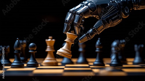 Silvery robotic hand making calculated chess move with black bishop piece in focus : Generative AI photo