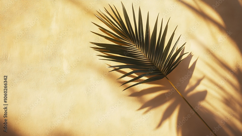 Obraz premium Tropical Palm Leaf Against Sunlit Textured Wall for Natural Aesthetic : Generative AI
