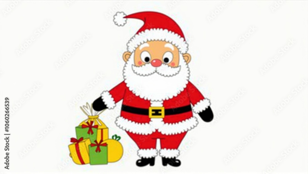 Cartoon Santa Claus with gifts in a sack on a plain background. Smiling, festive, holiday spirit, cheerful illustration. Generative, AI, Cartoon Santa Claus with gifts in a sack on a plain background. Smiling, festive, holiday spirit, cheerful illustration. Generative, AI,