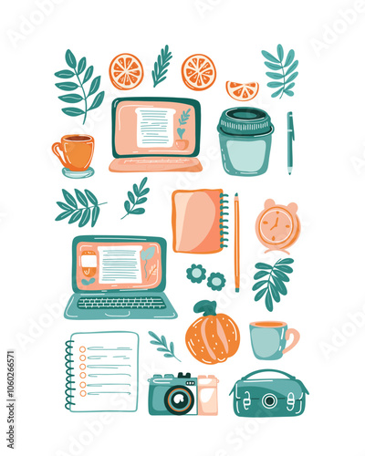 Work essentials illustration with a laptop, coffee cup, and planner, pastel colors