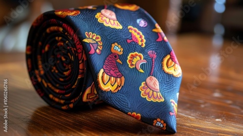 A close up shot of a colorful patterned necktie displayed on a wooden background showcasing the intricate design luxurious texture and formal styling of this classic men s fashion accessory photo