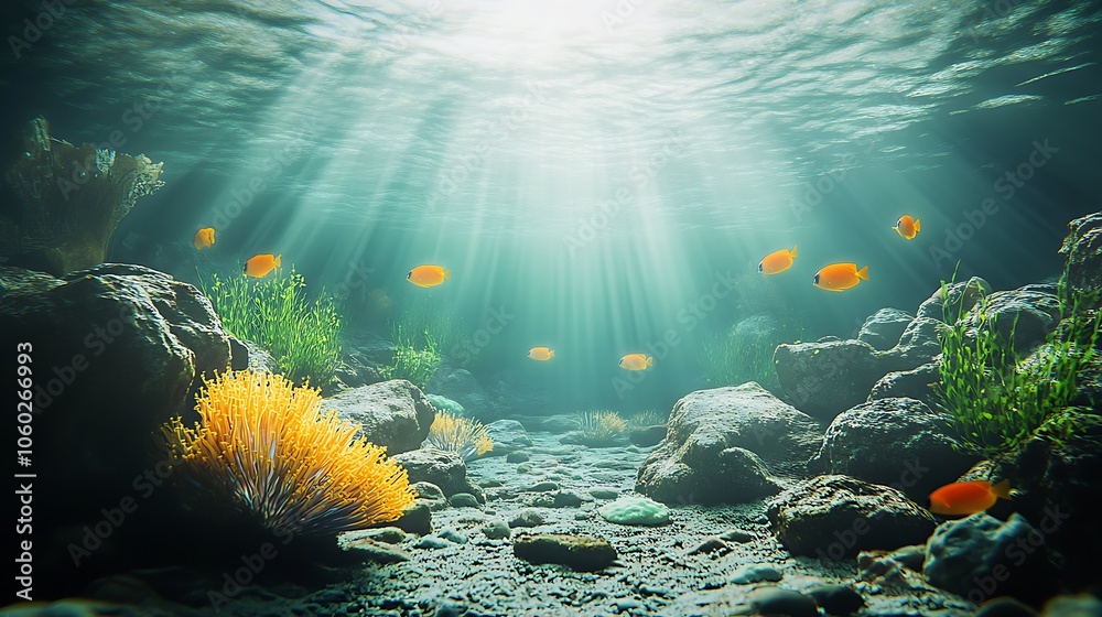 Naklejka premium Underwater Serenity with Sunlight and Vibrant Orange Fish in Pristine Coral Reef : Generative AI