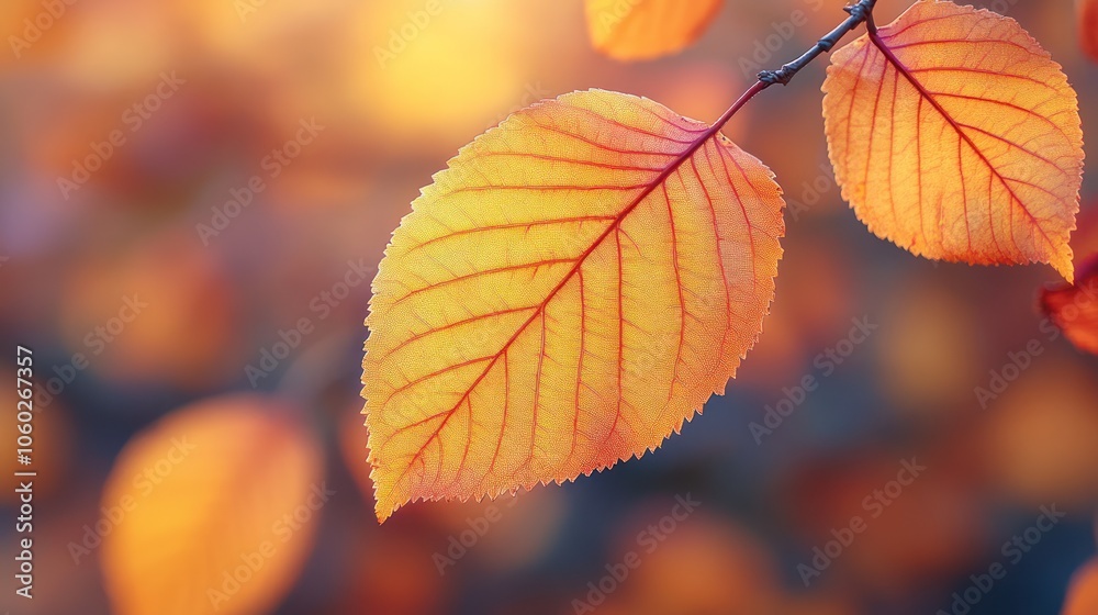 Close-up of a single, vibrant orange and yellow leaf on a branch, with blurred background of other leaves in autumn colors. Close-up of a single, vibrant orange and yellow leaf on a branch, with blurred background of other leaves in autumn colors.