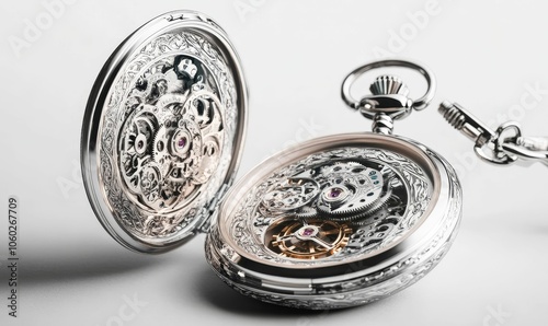 Ornate silver pocket watch with exposed gears. photo