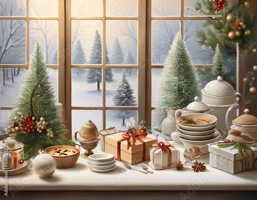 Christmas eve dinner served on table by window with snowy landscape view photo