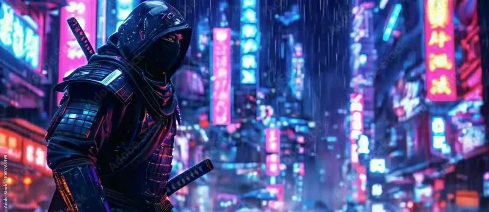 futuristic ninja samurai potrait standing in cyberpunk science fiction city at night, rain falling, futuristic ninja samurai potrait standing in cyberpunk science fiction city at night, rain falling,