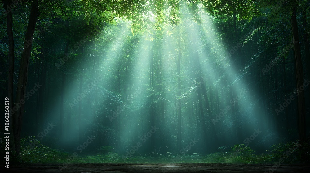Obraz premium Sunlight streams through lush forest canopy illuminating nature's beauty and serenity