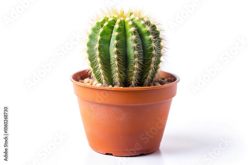 Cactus plant in pot isolated on white with shallow depth of field