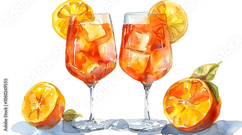 Watercolor Aperol Spritz cocktail illustration with orange, isolated on white background