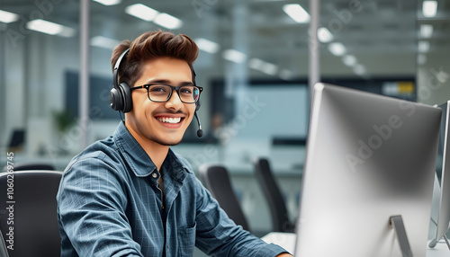 Cheerful young man wearing a headset and working at a computer, in a customer service or call center environment highlighted by white, png photo