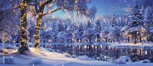 A magical winter forest with snow-covered trees, a frozen lake, and twinkling lights.
