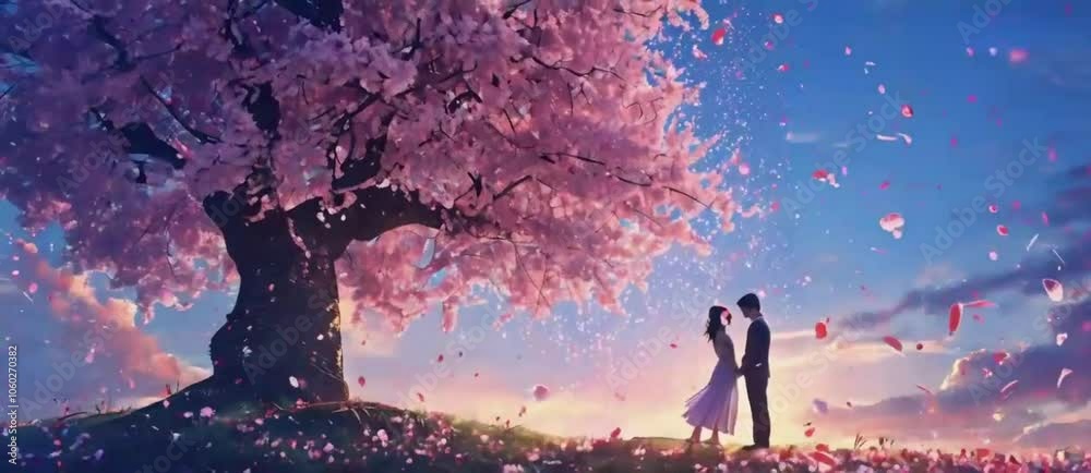 The scene of a couple letting go of their longing for each other under a beautiful cherry tree is filled with love effects.