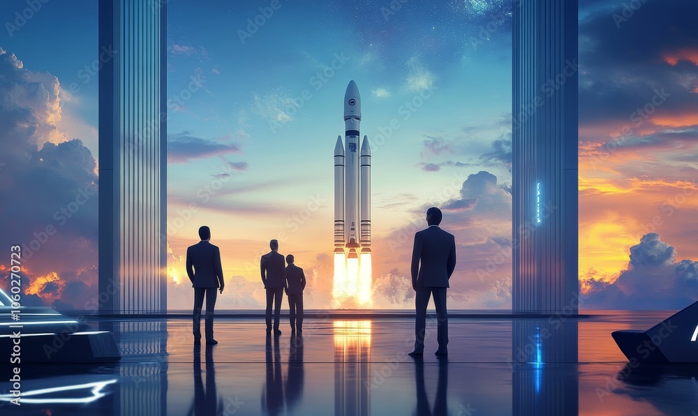 Fototapeta premium Men watch a rocket launch into sunset sky.