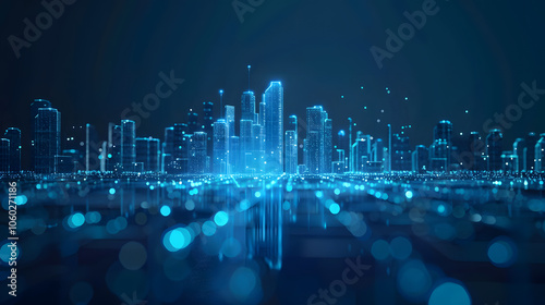digital concept of a smart city skyline over a network grid with floating particles, depicted in blue tones against a dark background
