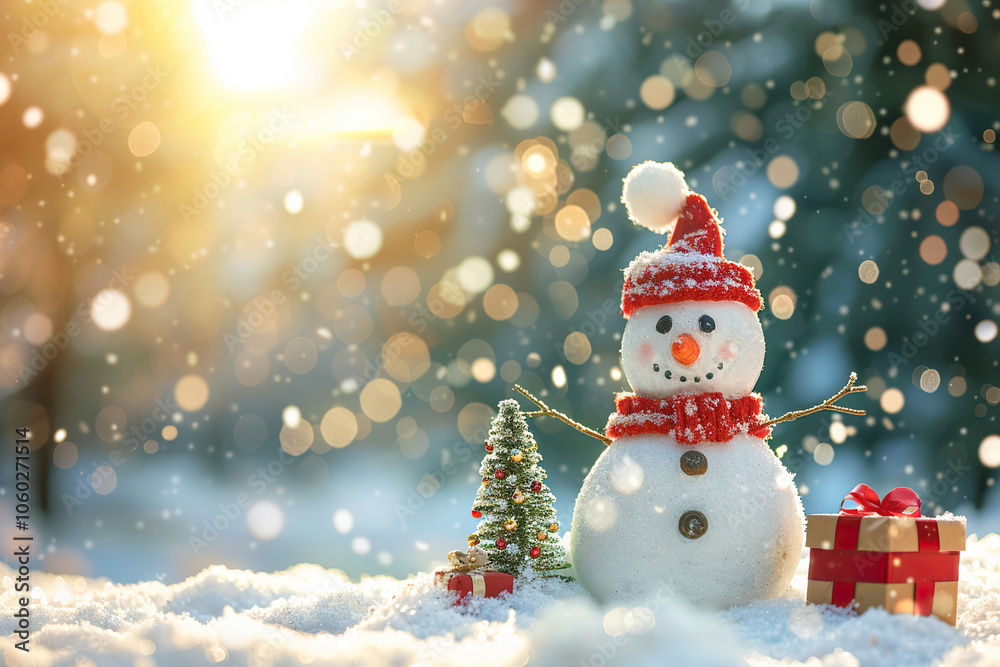 Obraz premium Christmas greeting card with bright winter holiday snowman and New Year background