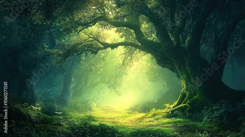 A path through a mysterious, misty forest with sunlight shining through the trees.